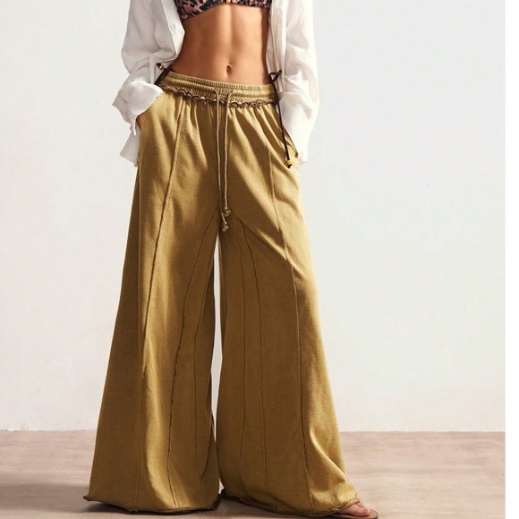 Plus Solid Mustard Stretchy Waist Wide leg Lounge Pants - Picture 5 of 5